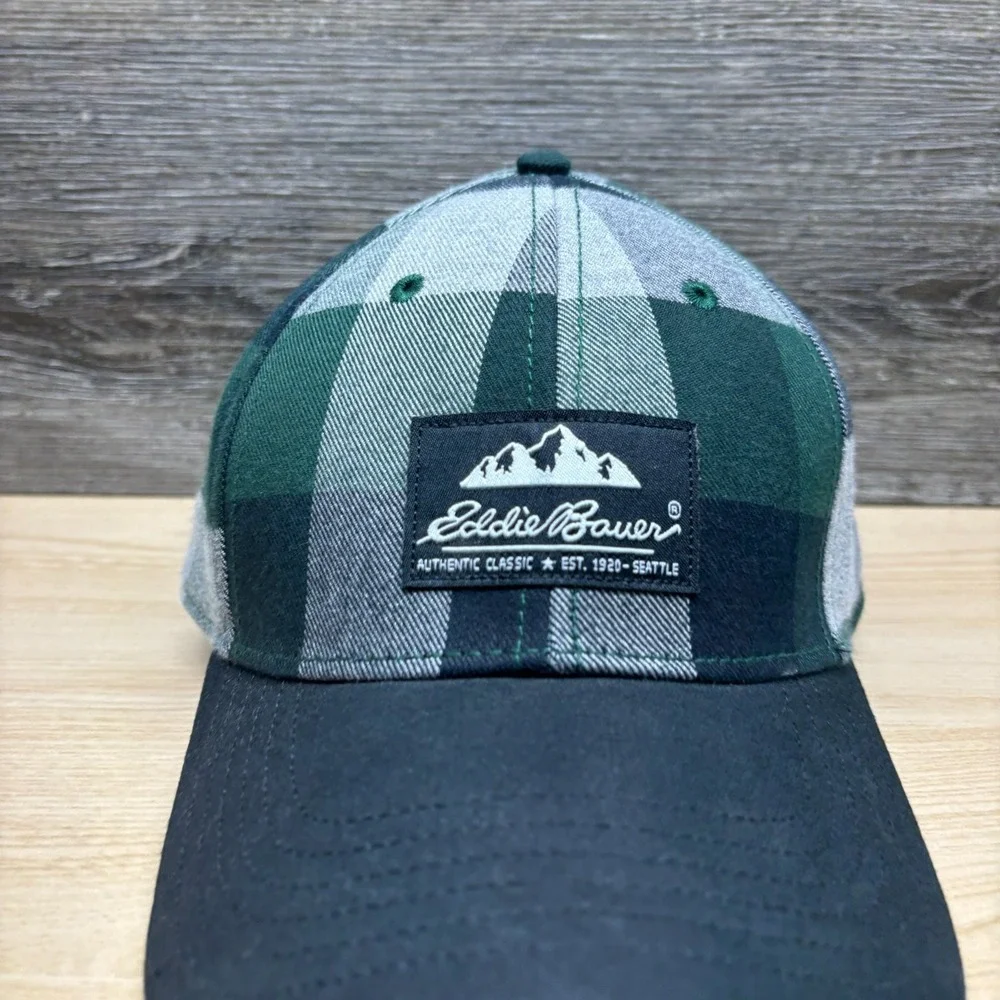Eddie Bauer Hat Cap‎ Strap Back Green Black Gray Plaid Patch Outdoor Hiking NWT